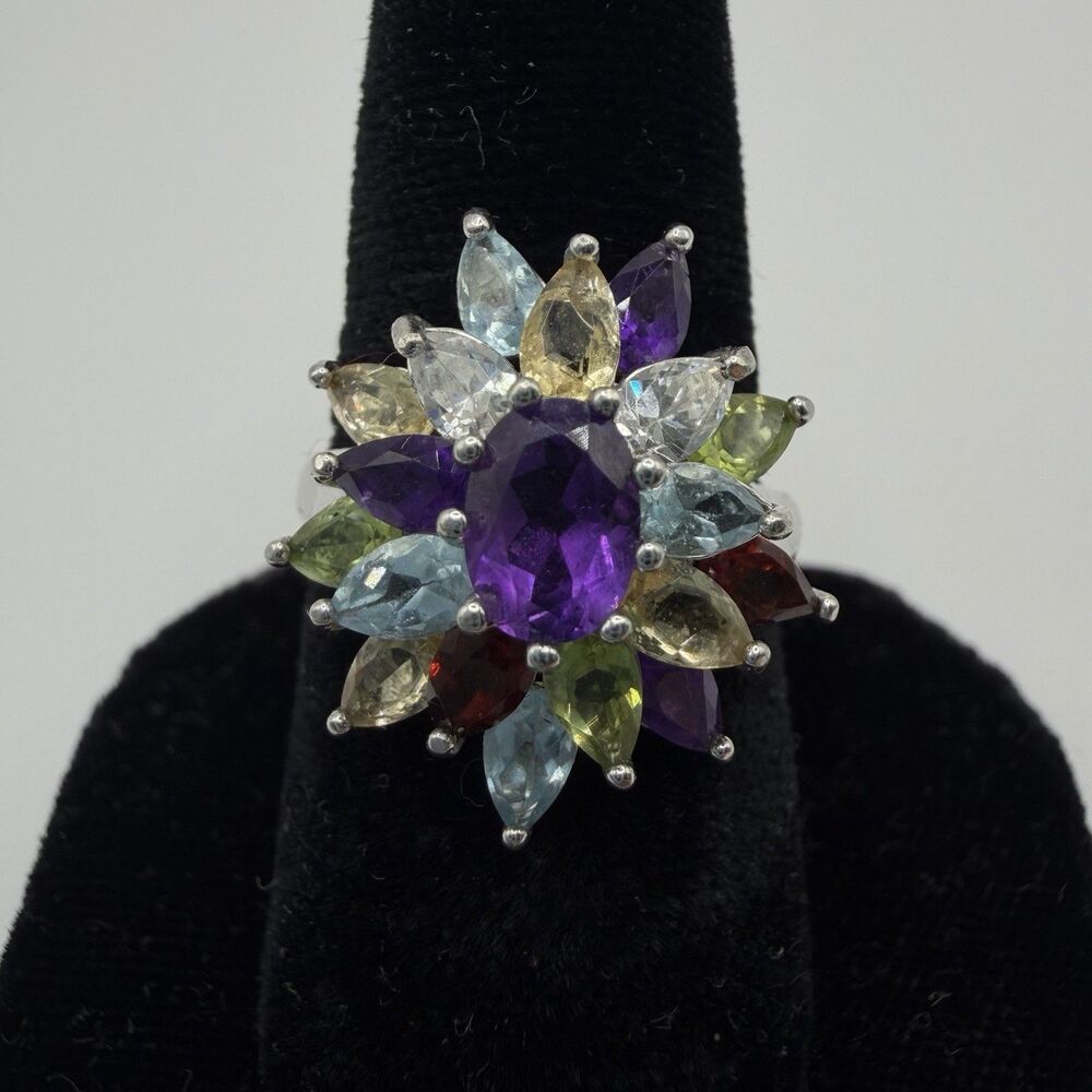 Vintage 925 Sterling Silver Multi Gemstone Flower Cluster Statement Ring Sz 8